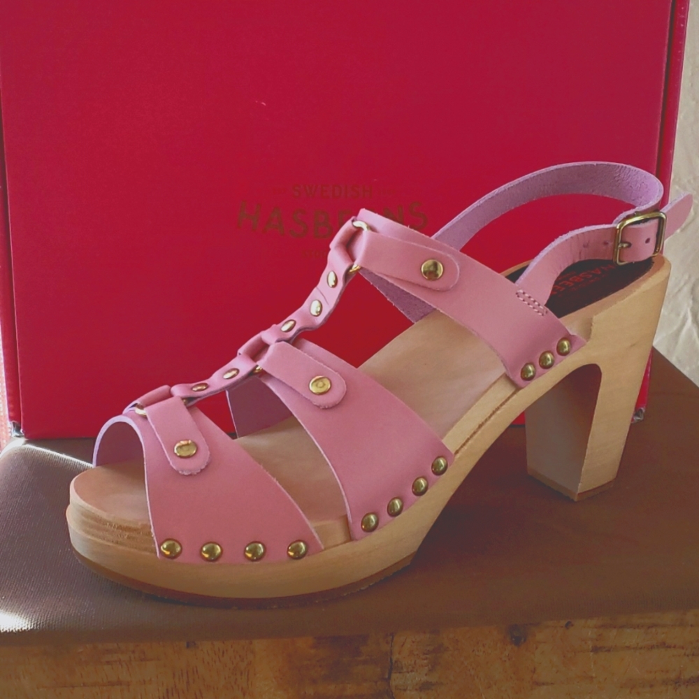 Swedish Hasbeens pink Brassy leather clog sandals 7.5